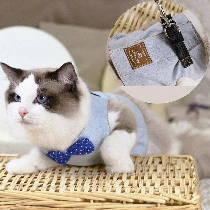 Premium cat harness with adjustable straps and leash for outdoor adventures, featuring a sophisticated gentleman's style design.