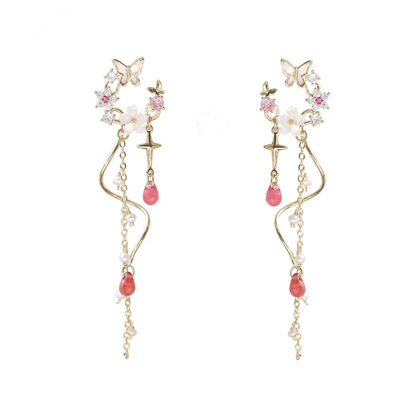 Elegant and Exquisite Gilded Earrings with Zircon Stones, Freshwater Pearls, and Resin Raindrops