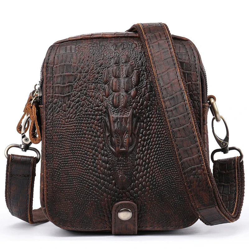 Premium cowhide leather diagonal shoulder bag for men, featuring a sophisticated box-shaped design and distinctive crocodile pattern