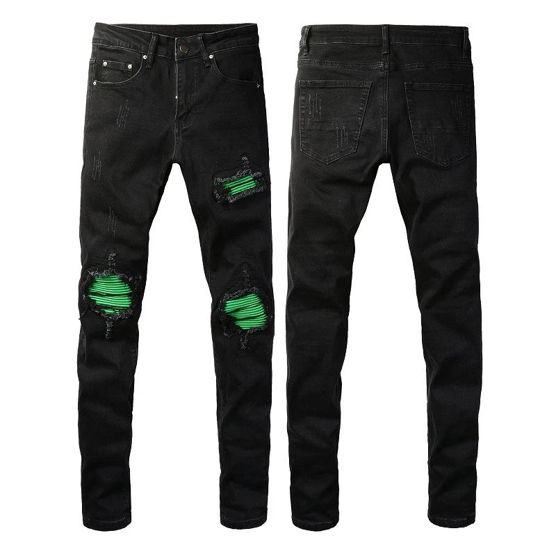 Premium ripped black jeans with stylish green patchwork design, made with medium-elastic fabric for comfort and a slim, flattering silhouette.