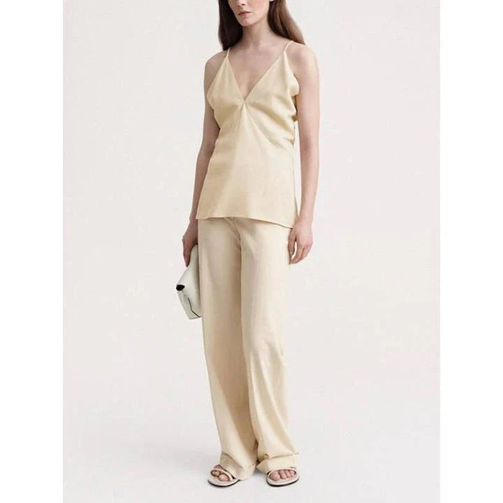 Chic Summer V-Neck Backless Cami Top in Beige for Women