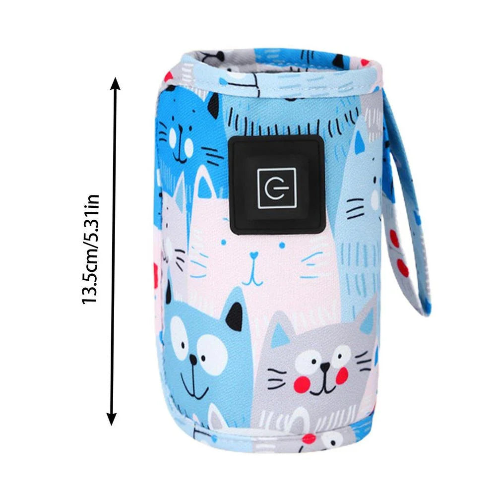 Portable USB Baby Bottle Warmer and Insulated Bag in purple, with a USB charging cable and temperature control settings