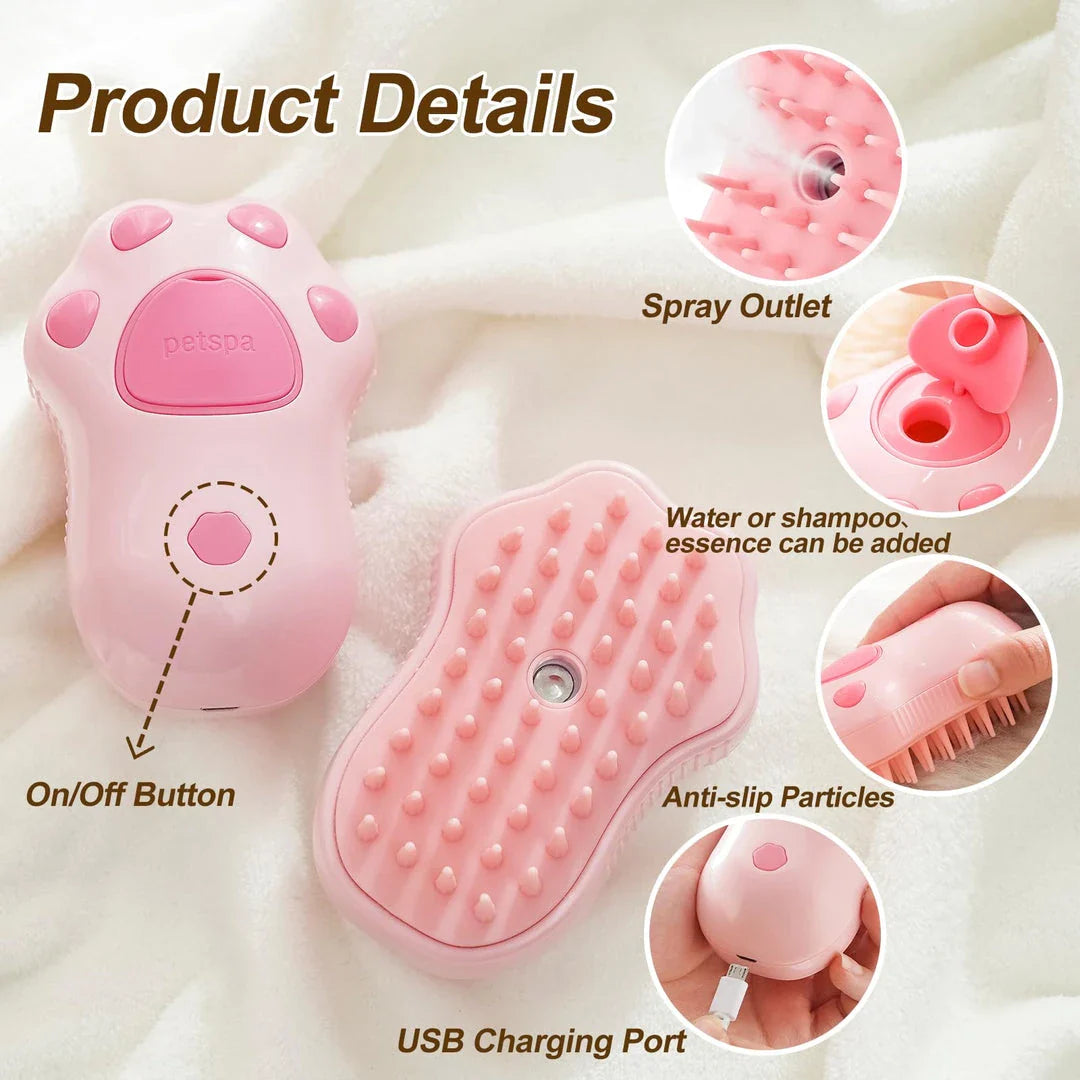 Premium 3-in-1 electric pet grooming tool with steam cleansing technology and soft, rounded bristles for a soothing grooming experience