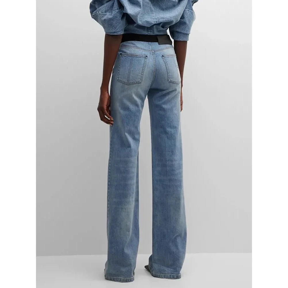 Women's stylish high-waist wide-leg jeans with contrast stitching in black and blue