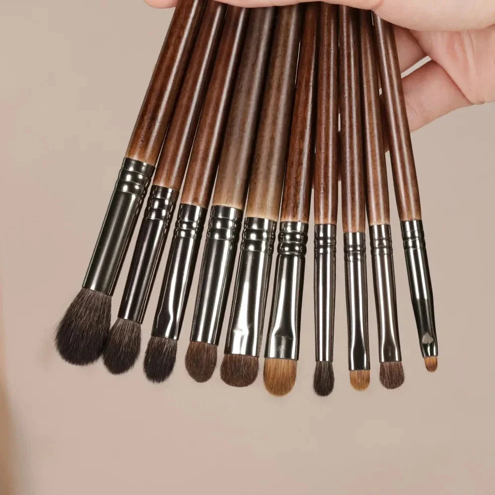 A set of 10 high-quality eye makeup brushes in various shapes and sizes, perfect for blending, shading, and defining the eyes