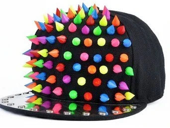 Punk-inspired street hat with pointed metal rivets in various colour combinations, featuring an adjustable and breathable design for versatile wear