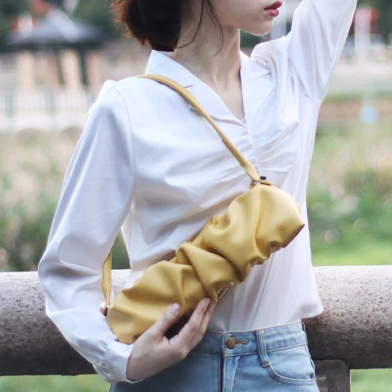 Pleated fashion one-shoulder diagonal handbag in various colours including white, yellow, green, black, and light blue