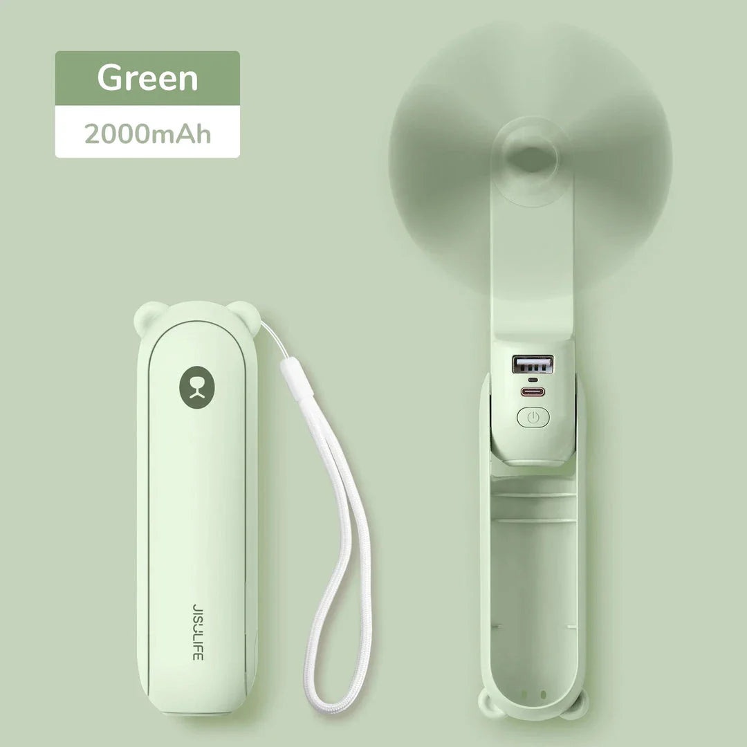 Portable Mini Handheld Fan with 4500mAh battery, 3 speed settings, power bank, and flashlight