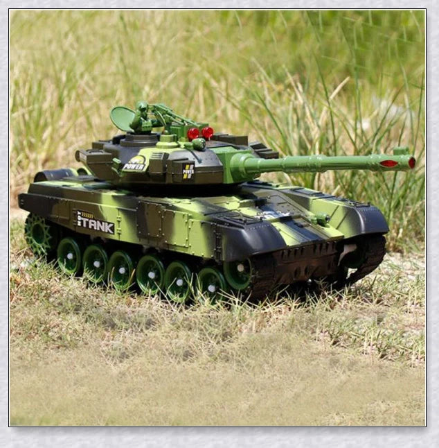 Remote-controlled military tank with flexible tracks, realistic sound effects, and firing simulation for thrilling battles and outdoor adventures