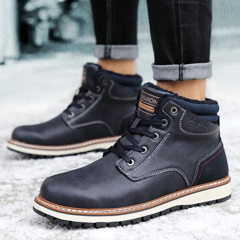 A pair of warm, comfortable men's winter boots with a plush lining and lace-up design, suitable for cold weather wear.