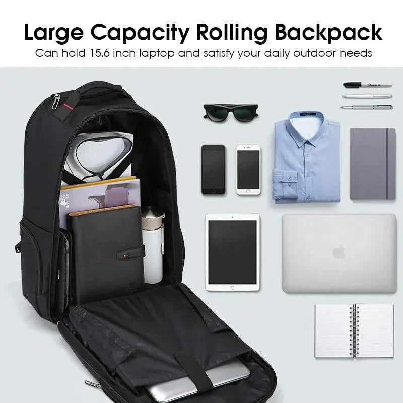 A black, multifunctional wheeled backpack with a padded laptop compartment and smooth-rolling wheels for effortless travel