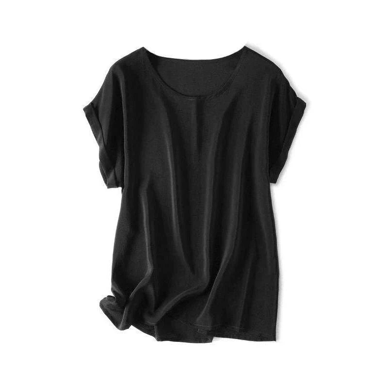 Elegant 100% Mulberry Silk Batwing Sleeve Tee in Black for Effortless Summer Style