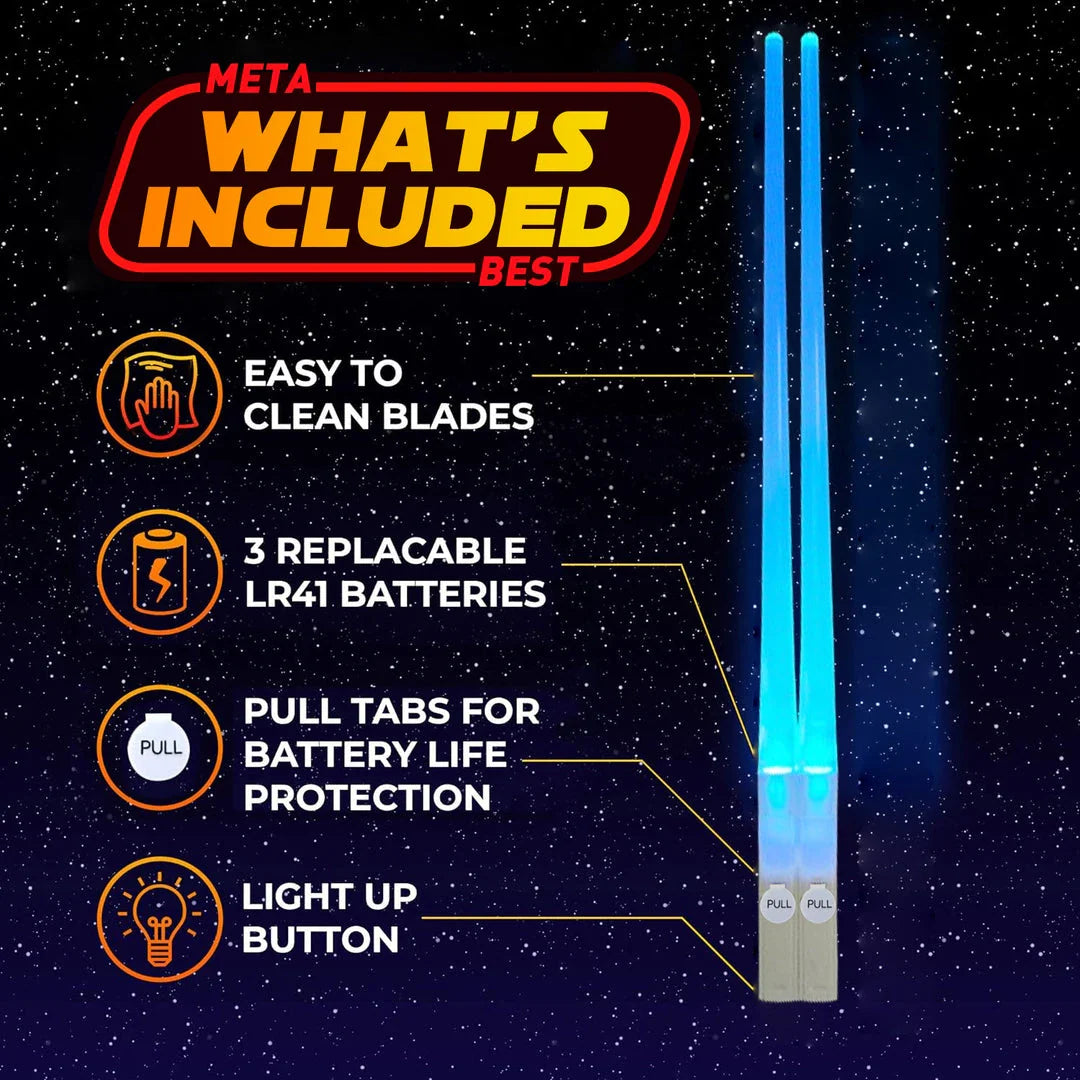 Pair of LED-illuminated Lightsaber Chopsticks, perfect for Star Wars-themed dining and adding a touch of magic to any meal
