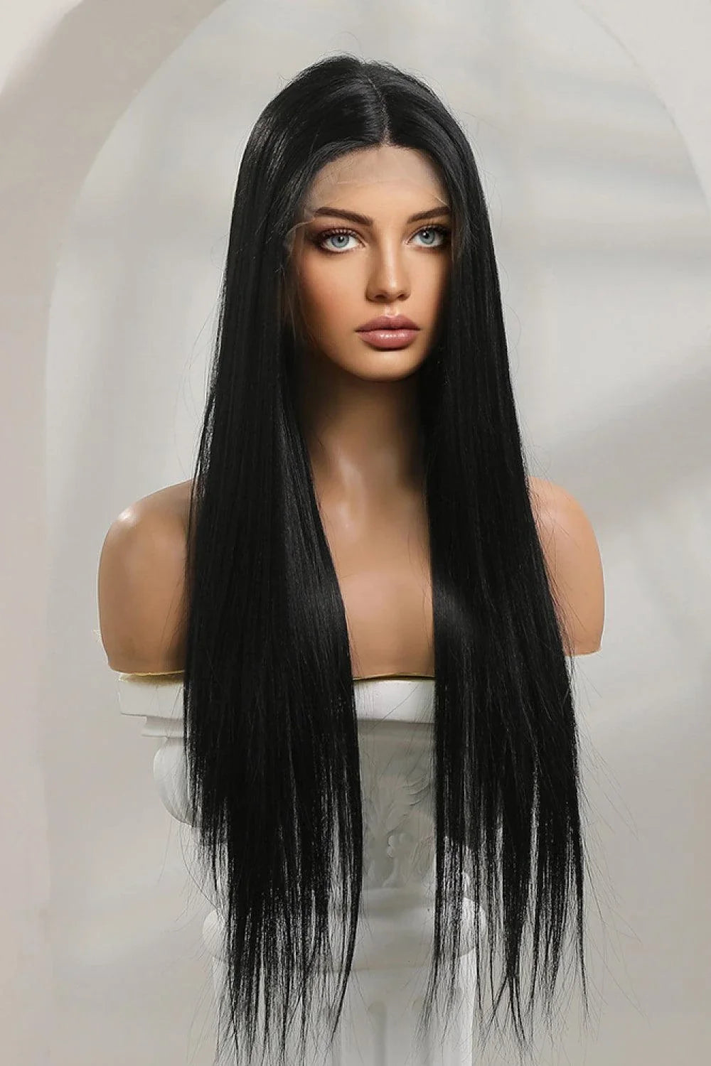 Stylish 13*2 inch lace front straight synthetic wig in black, 26 inch length, 150% density