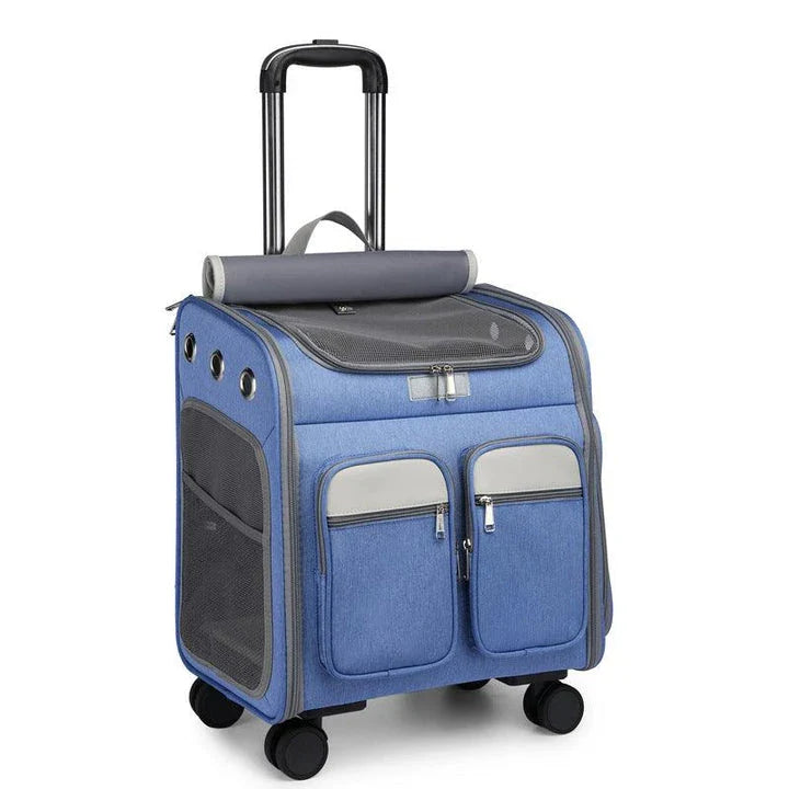 Convenient pet carrier trolley in blue colour, designed with a folding mechanism for easy transport and storage