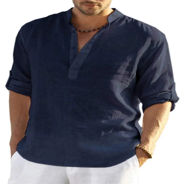 Men's casual long-sleeve cotton linen shirt with stand collar, available in a variety of colours