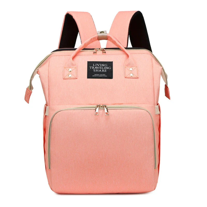 Multifunctional maternity diaper backpack with removable mosquito net, foldable crib, and water-resistant design for convenient family travel