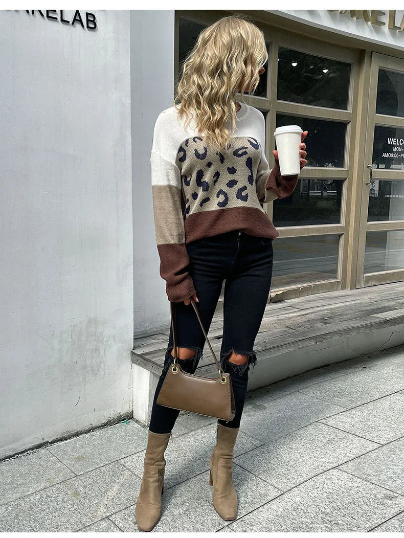 A stylish women's long sleeve leopard print pullover jumper in a classic coffee brown colour