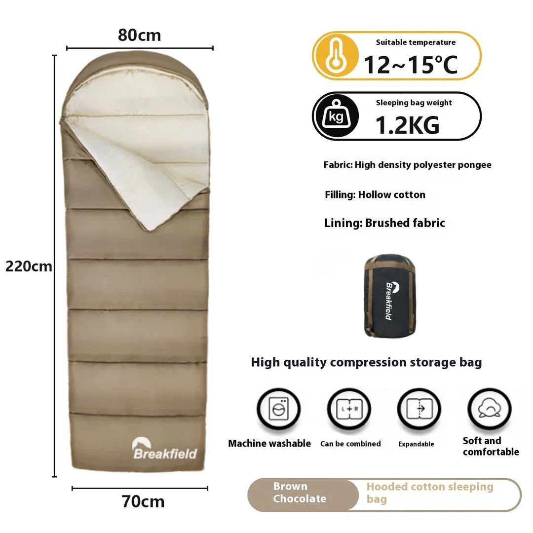 Premium waterproof cotton sleeping bag with envelope-style structure and brushed cloth lining for outdoor camping