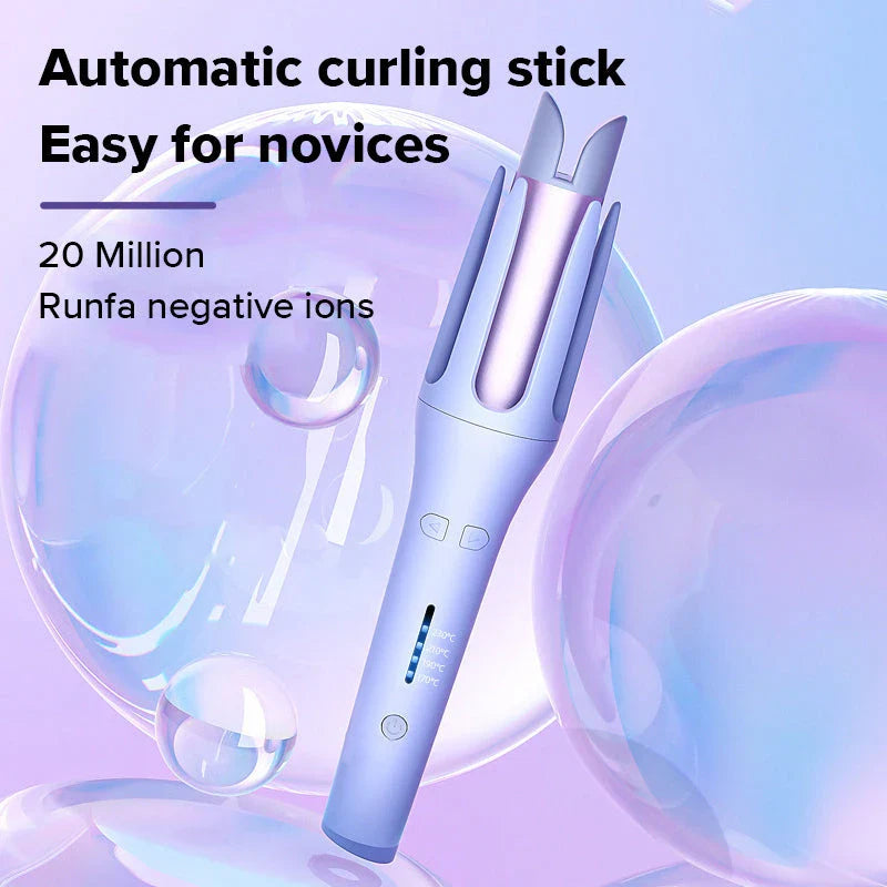 Auto-Rotating Ceramic Hair Styler in Pink, with adjustable temperature settings and dual voltage compatibility for worldwide use