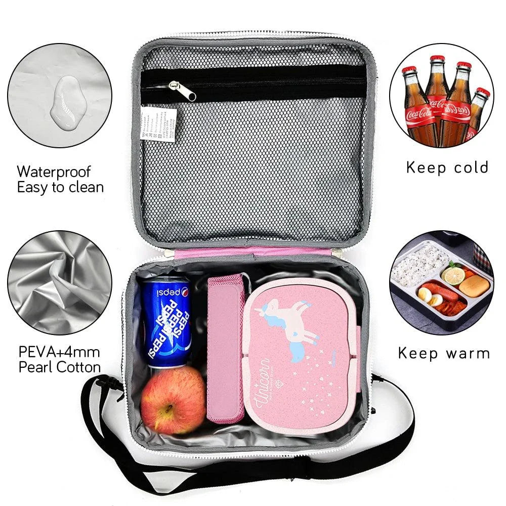 Cartoon unicorn-patterned lunch boxes with insulated lining and cutlery set, perfect for British professionals and families