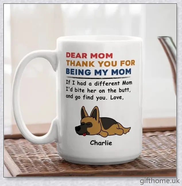 Personalized custom coffee mug with a playful and unique design, perfect for pet lovers and those with a quirky sense of humour.