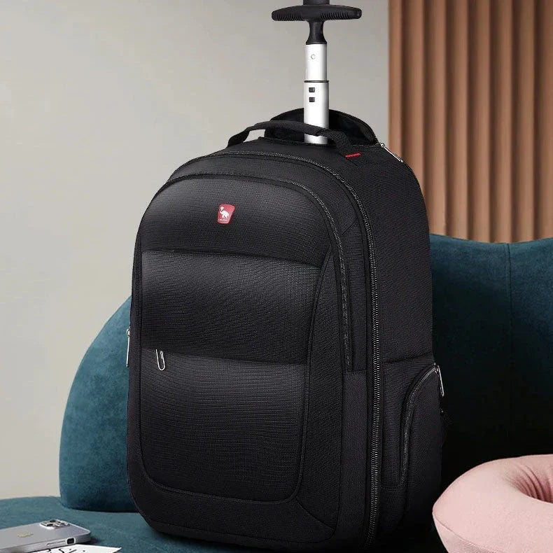 A black, multifunctional wheeled backpack with a padded laptop compartment and smooth-rolling wheels for effortless travel
