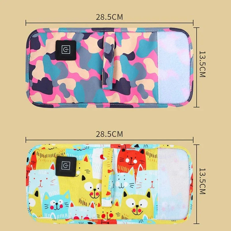 Portable USB Baby Bottle Warmer and Insulated Bag in purple, with a USB charging cable and temperature control settings