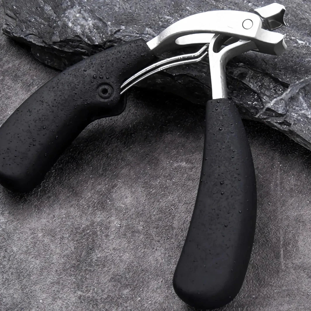 Heavy-duty curved nail clippers made of stainless steel with anti-splash storage for managing thick toenails and providing comfortable nail care for the elderly