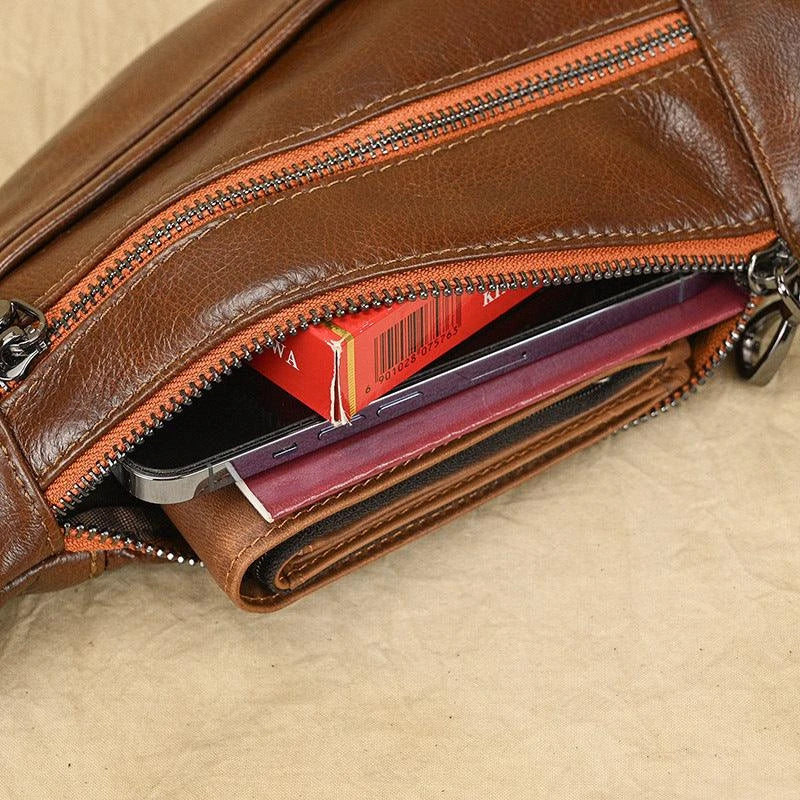 Premium genuine leather messenger bag in brown, coffee, and black colours with brass hardware