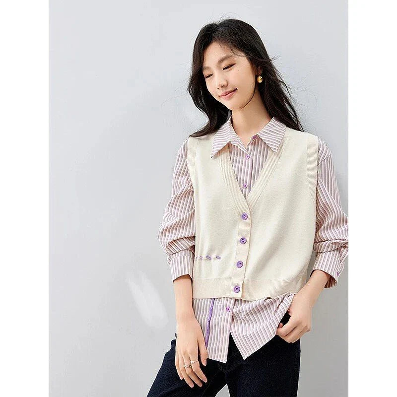 Autumn Polo Neck Blouse and Knitted Vest Set with Stripe Pattern and Button Detailing