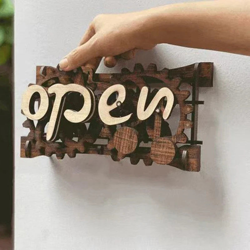 Wooden open-closed sign with gear mechanism, perfect for home entryways and businesses