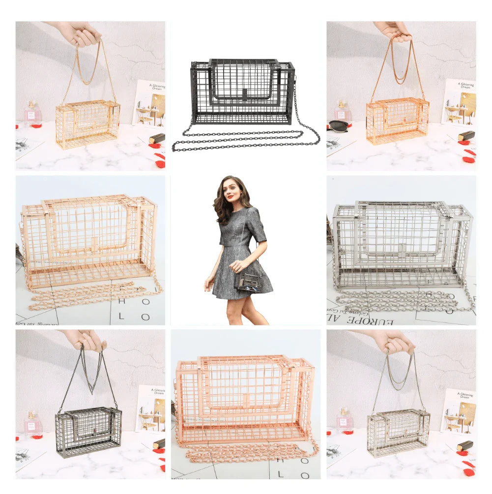 A sophisticated British-designed metal mesh clutch bag with a chain strap, available in various colours and chain styles
