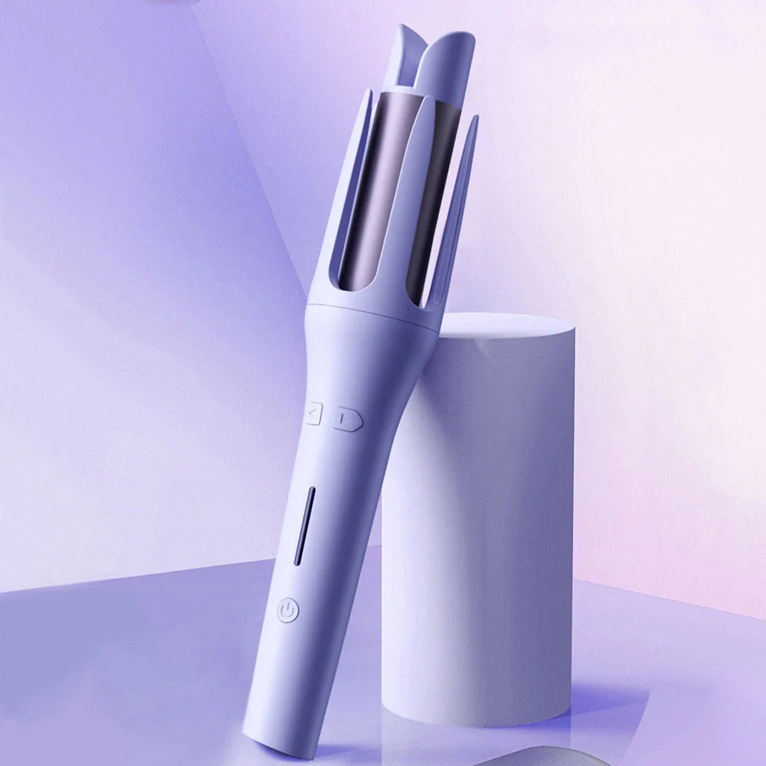 Auto-Rotating Ceramic Hair Styler in Pink, with adjustable temperature settings and dual voltage compatibility for worldwide use