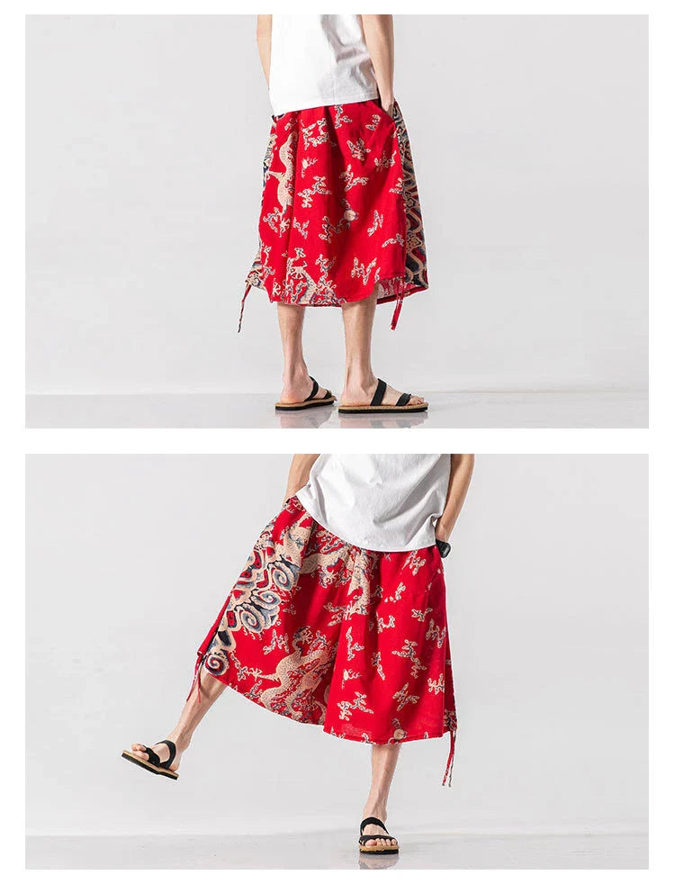Men's loose-fitting Chinese-inspired cropped pants with a dragon or elephant floral pattern in navy blue, red, or coffee colours