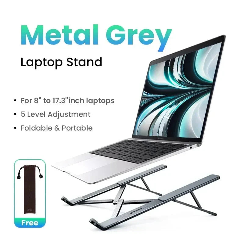 Adjustable and foldable aluminium laptop stand with 5 height levels, cooling design, and skidproof silicone platform