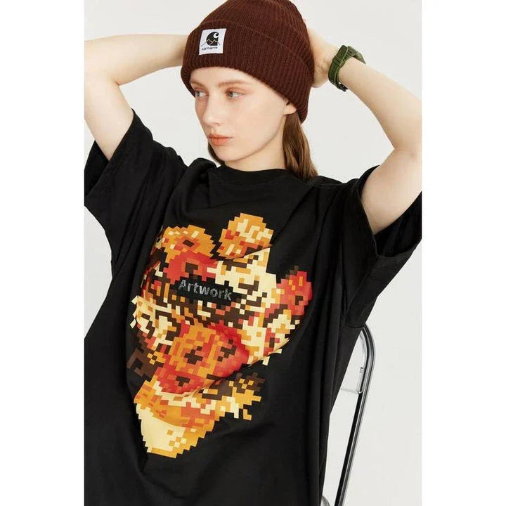 Trendy metallic sunflower print t-shirt in black and khaki colours, made from soft and breathable cotton fabric