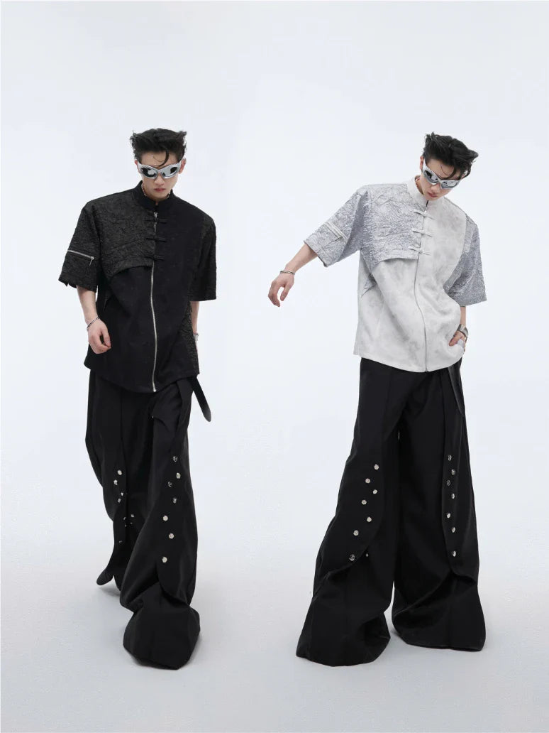Buckle Design Sense Padded Shoulder Short Sleeve Loose T-shirt in black and white colours