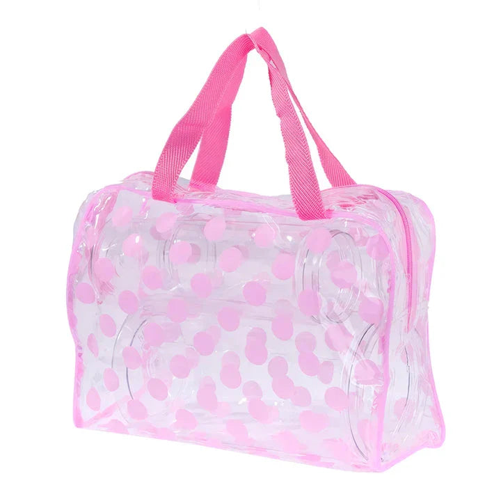 Stylish and durable PVC transparent makeup bag with fashionable dot pattern, perfect for British travellers