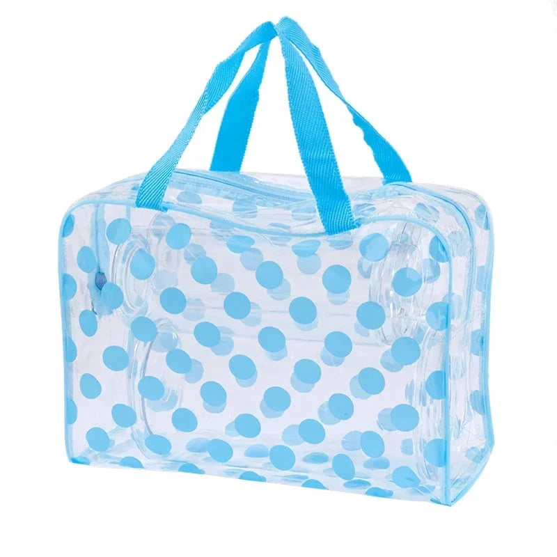 Stylish and durable PVC transparent makeup bag with fashionable dot pattern, perfect for British travellers