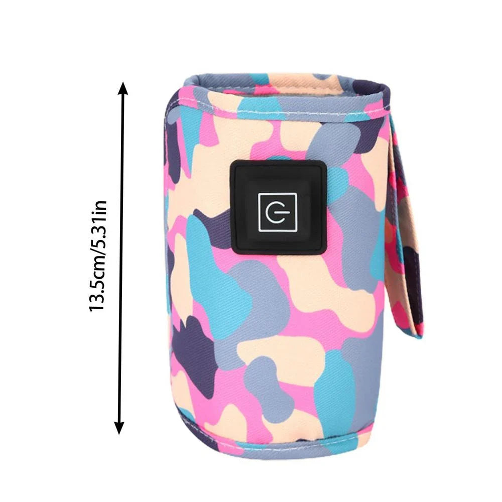 Portable USB Baby Bottle Warmer and Insulated Bag in purple, with a USB charging cable and temperature control settings