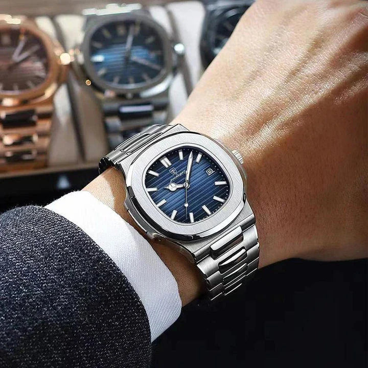 Refined Square Quartz Timepiece with stainless steel band, luminous hands, and water resistance up to 30 metres