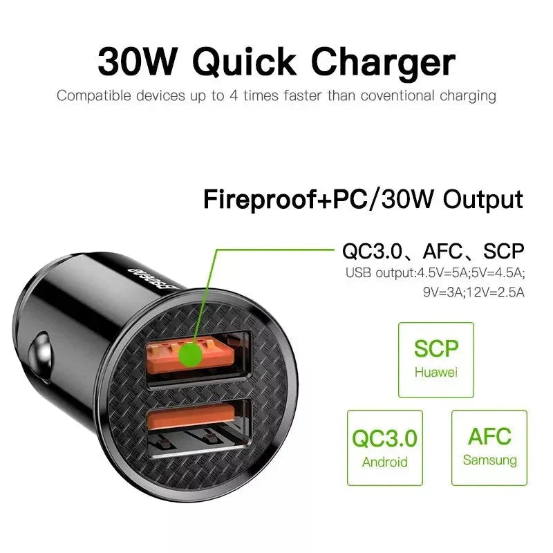 High-Performance 30W Dual-Port Fast Car Charger with USB and USB-C ports for lightning-fast charging on the go