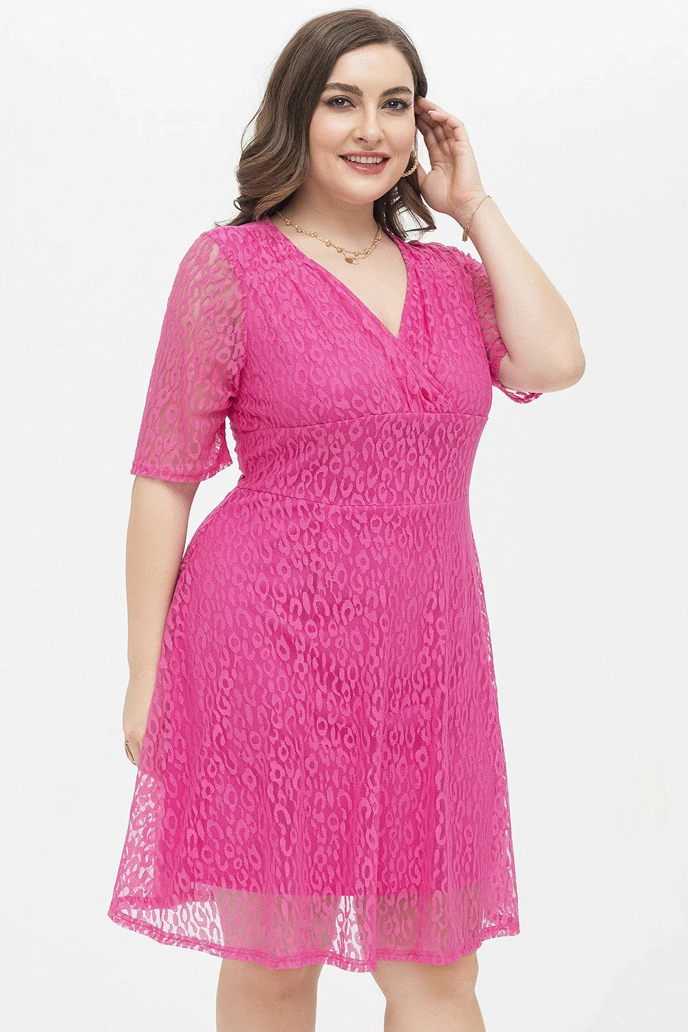Elegant V-neck lace dress with tailored waist in rose red colour