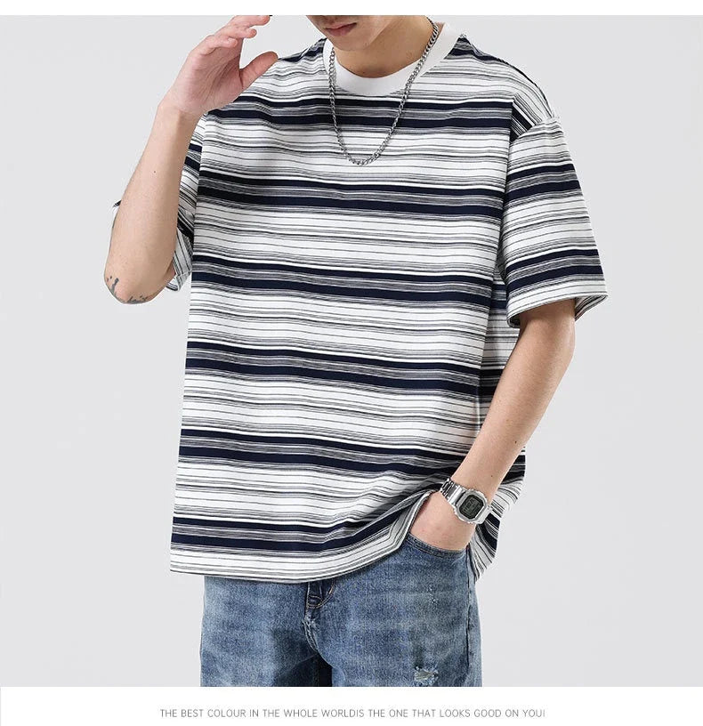 Retro contrast color striped teen t-shirt in navy blue, perfect for casual summer looks