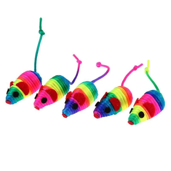 Colourful toy mouse set with 5 plush mice in various bright colours for cat playtime