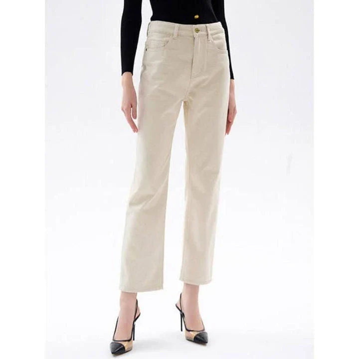 Classic high-waisted straight-leg jeans for women in a timeless British style