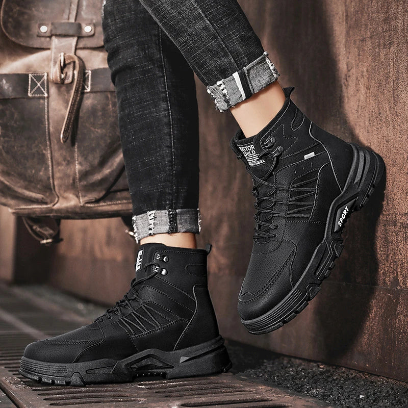 Premium leather work boots for men in black, khaki, and gray colours