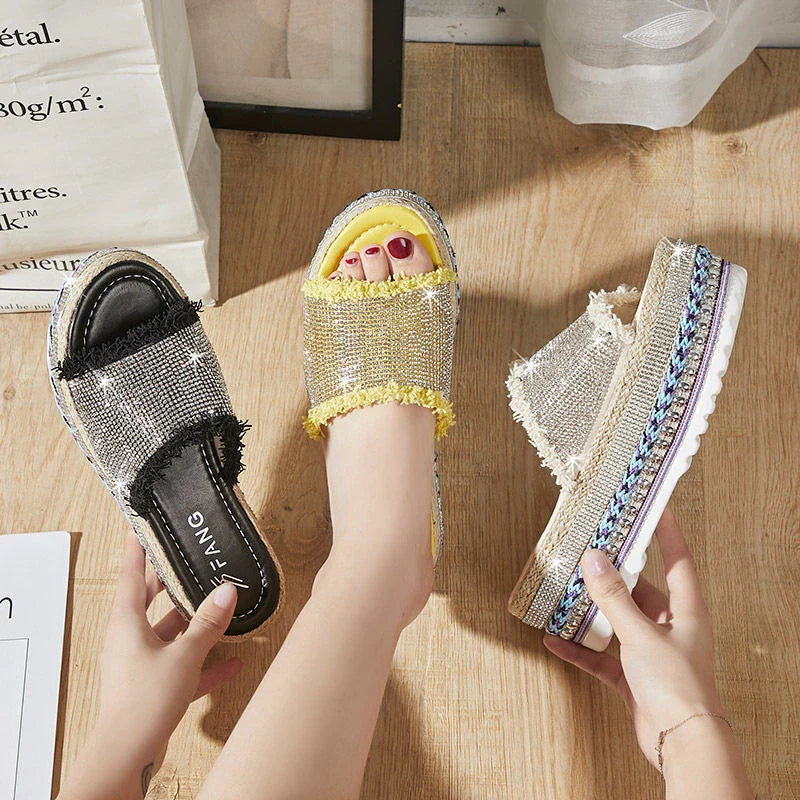 Stylish sponge cake elevated women's slippers in beige, black, and yellow colours