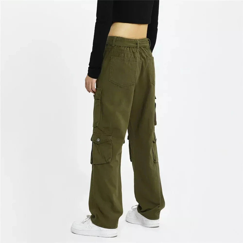 Army green cargo trousers with multiple pockets and a straight fit for a classic, versatile look